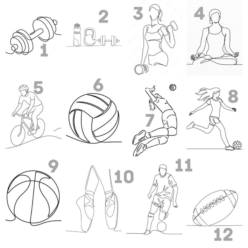May include: Line art illustrations of various sports and fitness activities. Depicted are a dumbbell, water bottle, kettlebell, person lifting weights, person meditating, cyclist, volleyball, volleyball player, soccer player, basketball, ballet shoes, soccer player, and football.