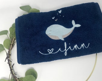 Personalized towel with name, children's gift, whale, penguin, snail, crab