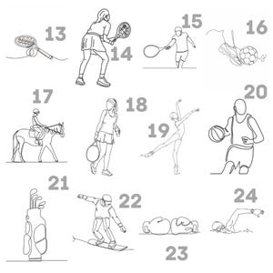 May include: Line art illustrations of various sports including tennis, soccer, basketball, ballet, horseback riding, snowboarding, boxing, golf, and swimming. Each sport is depicted with a single continuous line, creating a minimalist aesthetic.