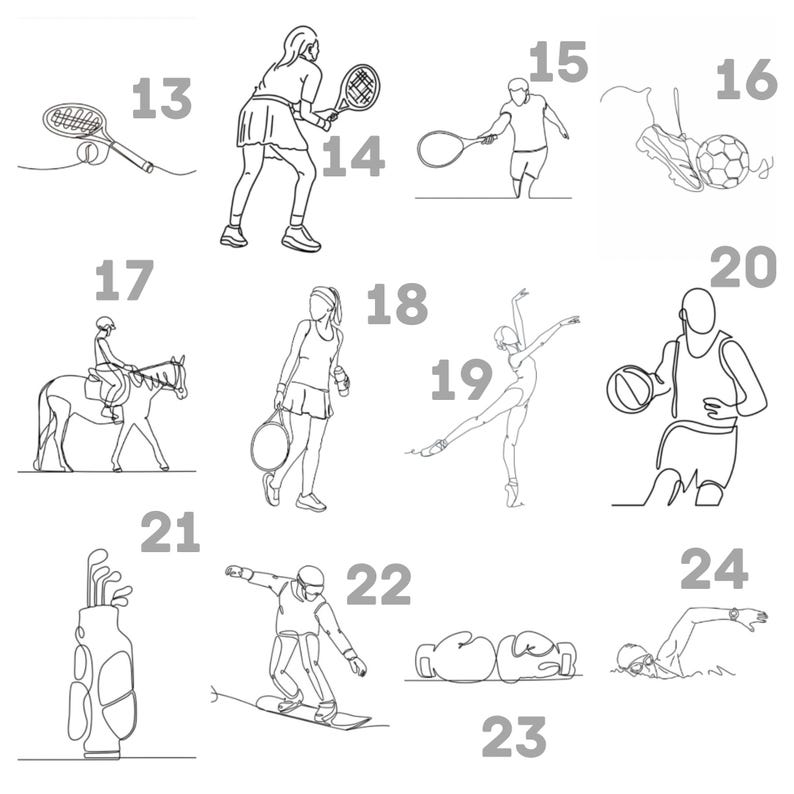 May include: Line art illustrations of various sports including tennis, soccer, basketball, ballet, horseback riding, snowboarding, boxing, golf, and swimming. Each sport is depicted with a single continuous line, creating a minimalist aesthetic.