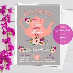 Tea Party Bridal Shower Invitation, Floral Invitation, Pink Floral, Wedding, Bridal, Tea Party image 1