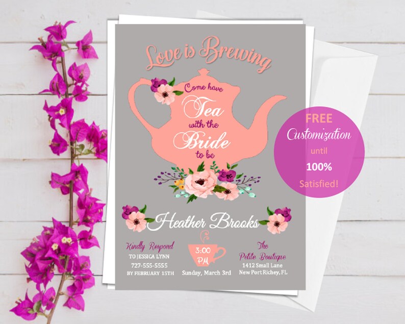 Tea Party Bridal Shower Invitation, Floral Invitation, Pink Floral, Wedding, Bridal, Tea Party image 1