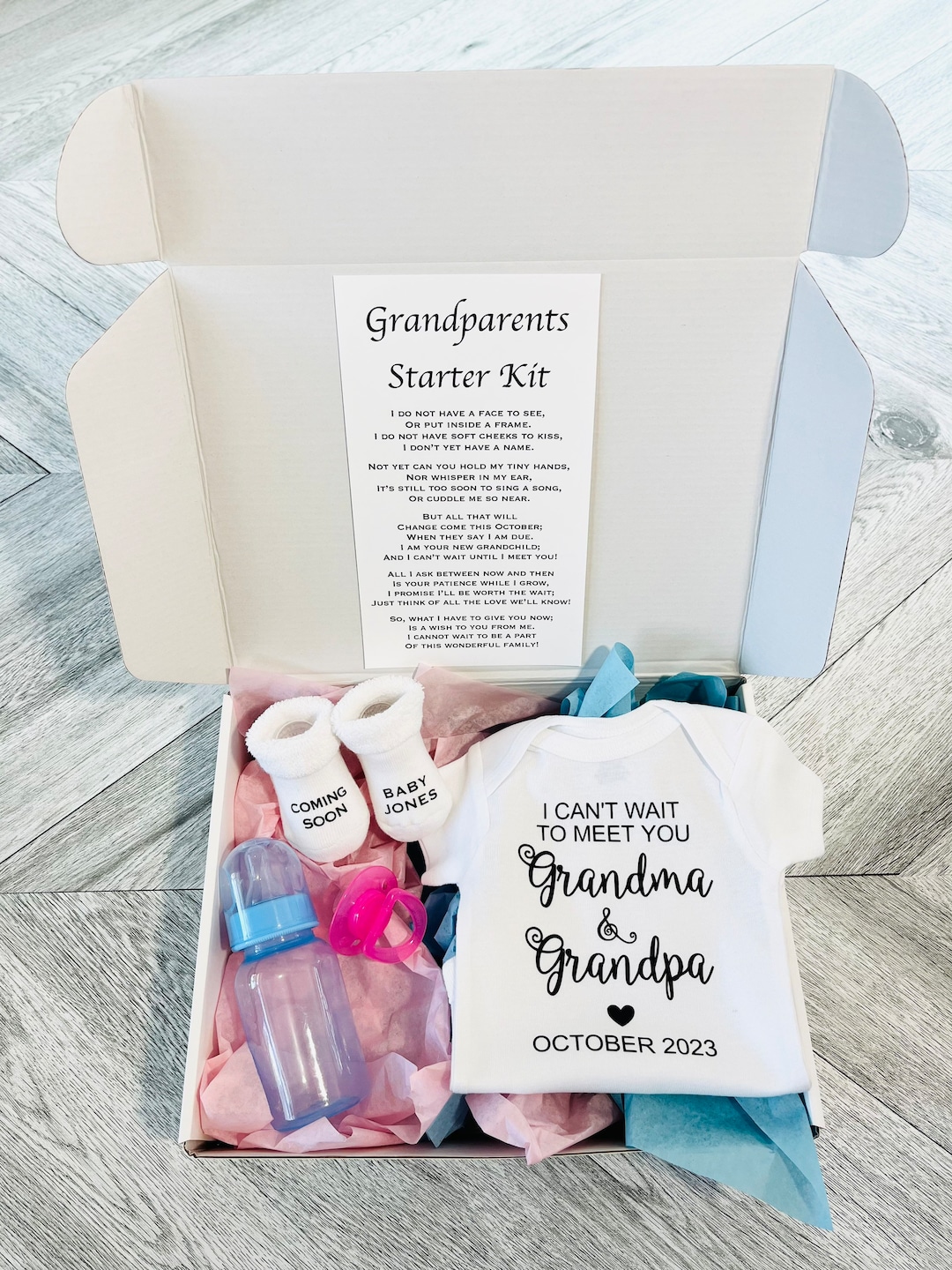 Großeltern Starter Kit, Baby Reveal, Ankündigung, Box Ankündigung, Schwangerschaft zu treffen Sie erwarten, kaum Schwangerschaft kann es