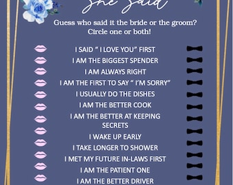 Bridal shower game, he said she said game, wedding party game *SET OF 50*