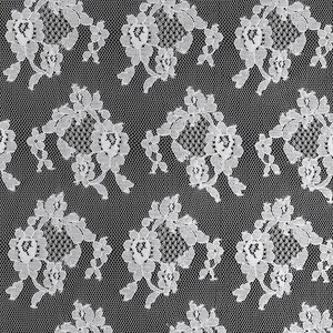 May include: White floral lace fabric featuring a repeating pattern of detailed flower and leaf designs. The lace is set against a dark background, creating a high-contrast, elegant look. Suitable for various craft projects.