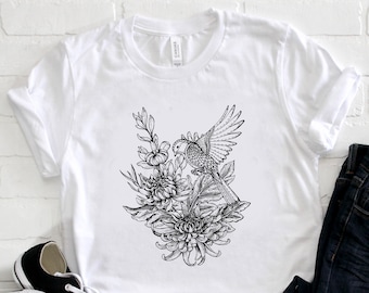 Hand getekend, grafisch T-shirt, dames T-shirt, Feather Tshirt, Bird T Shirt, Bird T Shirt, Graphic womens shirt, Grafische vogel, Natuur shirt, Cadeau