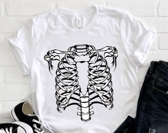 Camisa de esqueleto, esqueleto, torso de esqueleto, camiseta de Halloween de caja torácica, camisa de Halloween, camisa linda, Halloween fácil, camiseta de disfraz espeluznante fácil