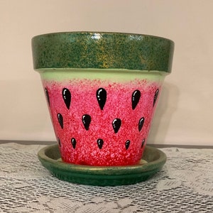 Hand Painted Terra Cotta Watermelon Pot and Matching Saucer