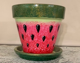 Hand Painted Terra Cotta Watermelon Pot and Matching Saucer