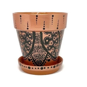 5&quot; Hand Painted Rose Gold Planter with Black Mandala and Matching Saucer