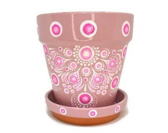 5 Inch Hand Painted Terra Cotta Pot with Matching Saucer, Pink with Pink and White Mandala