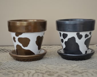 Set of 2 4" Hand Painted Terra Cotta Pots - Metallic Black and Brown Cow Print