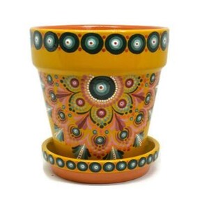 5 Inch Hand Painted Terra Cotta Planter and Matching Saucer, Sunflower Yellow with Colorful Dot Art Mandala