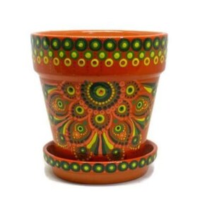 5 Inch Hand Painted Terra Cotta Planter with Matching Saucer, Orange with Colorful Dot Art Mandala