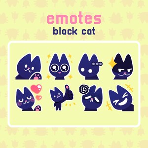 May include: A collection of eight black cat emotes with various expressions, including hearts, thumbs up, and stars. The text "emotes" and "block cat" are displayed in pink and black pixelated fonts on a light yellow background.
