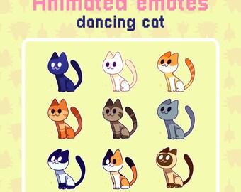 9 Animated Emotes - Cute Dancing Cat |  Pack for Twitch and Discord | 9 Different Colors | Perfect for Streamers and Gamers