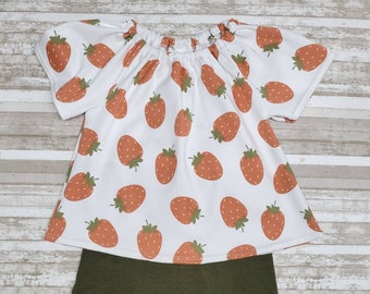 Top estilo campesino Boho Strawberry, talla 3T, colores tierra naturales. Pantalones cortos a juego. Conjunto de 2 piezas para bebé, ideal para vacaciones de verano, estilo cottage core.