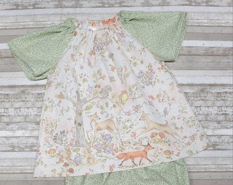 Hermoso conjunto de top y bombachos de estilo campesino de inspiración vintage hecho a mano para bebés, niños pequeños y niñas de talla NB a talla 6. Animales del bosque