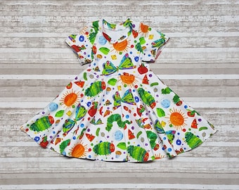 Fun twirl dress for infants, toddlers, girls. Cute Caterpillar design. Butterflies. birthday party, fruit, foodie, birthday party