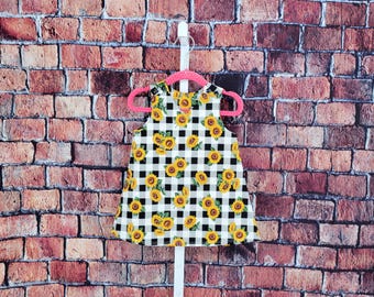 Sunflowers checkered  infant toddler dress spring summer cottage core boho newborn baby shower gift family photo sun picnic baby shower gift