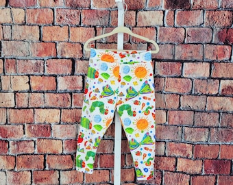 Caterpillar knit leggings, colorful unisex pants, bright insects bugs, butterflies, children's birthday party clothes, toddler birth, gift