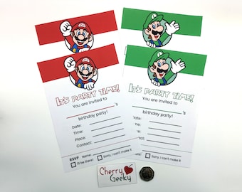 Super Mario birthday party invitations - set of 4 physical items, no printer required