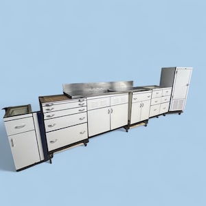 Antique Vintage Set of Porcelain Enameled Kitchen Cabinets Sink and Fridge from 1927 Home