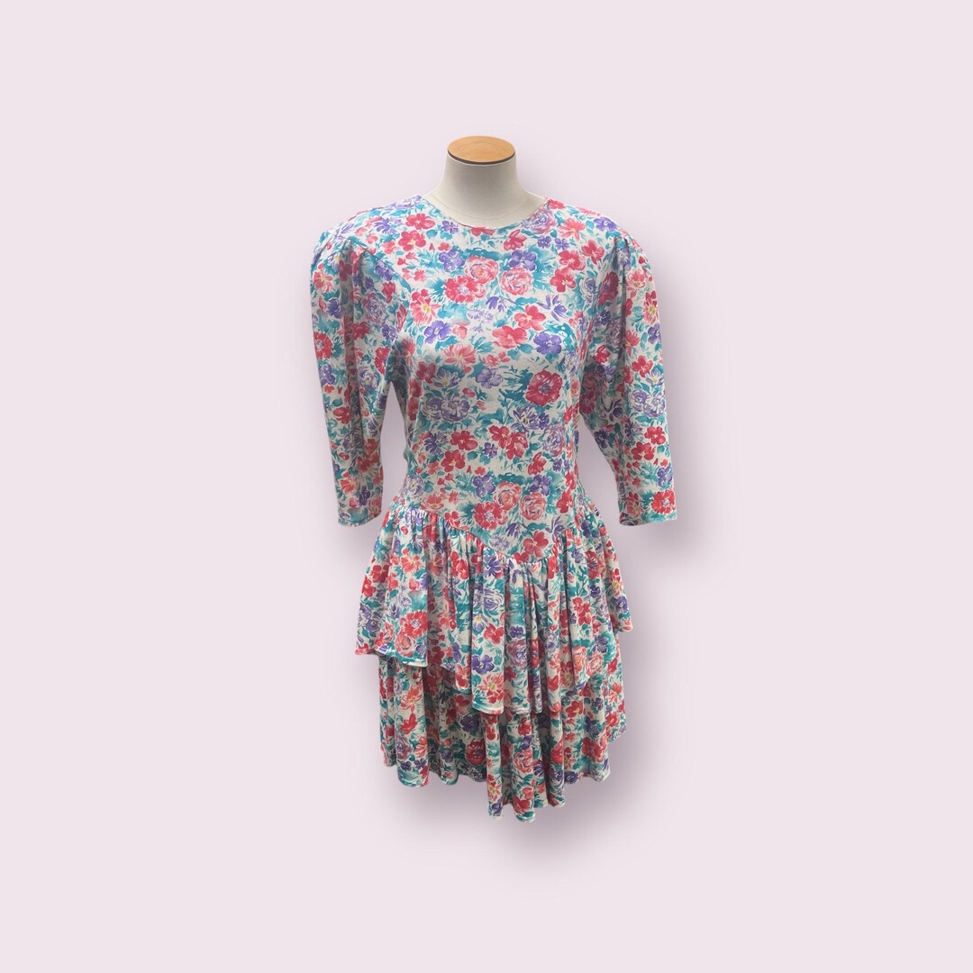 Vintage 1980s White Floral Cotton Tiered Dress