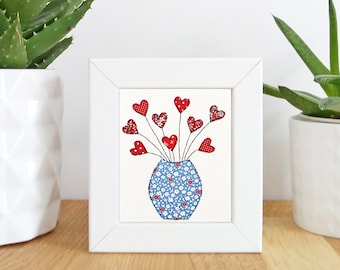 Little Vase of Love (red) Mini Framed Print -   Free motion embroidery | Print | Flowers | Thinking of you