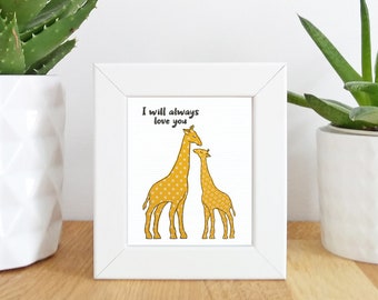 Giraffes parent and baby Mini Framed Print -   Free motion embroidery | Print | mum and baby | dad and baby | new baby | baby shower