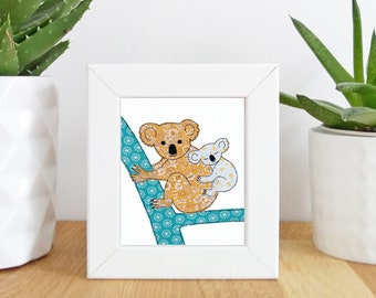 koalas (yellow) parent and baby Mini Framed Print -   Free motion embroidery | Print | mum and baby | dad and baby | new baby | baby shower