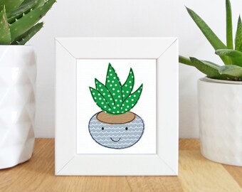 Little plant Mini Framed Print -   Free motion embroidery | Print | succulent | happy