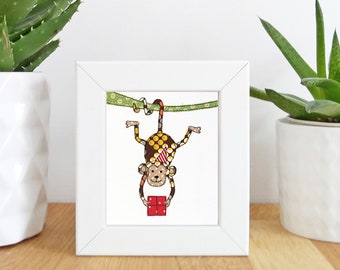 Little monkey Mini Framed Print -   Free motion embroidery | Print | cheeky monkey