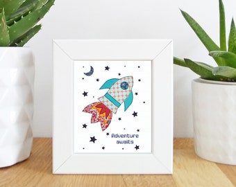 Rocket Mini Framed Print -   Free motion embroidery | Print | Space | Kid's decor | Kid's rooms
