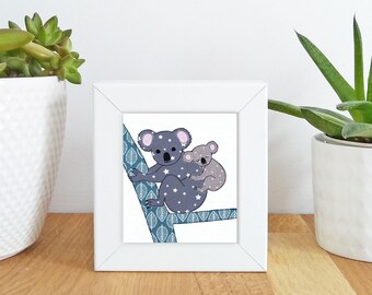 koalas (grey) parent and baby Mini Framed Print -   Free motion embroidery | Print | mum and baby | dad and baby | new baby | baby shower