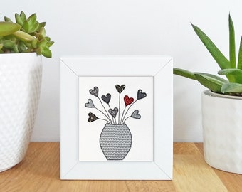 Little Vase of Love (grey) Mini Framed Print -   Free motion embroidery | Print | Flowers | Thinking of you