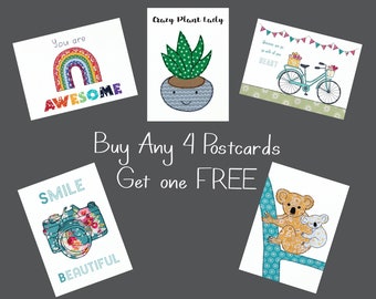 Buy any 4 postcards, get one FREE - 5 for 10 pounds | OFFER | Postcards | Free motion embroidery | print | any occasion | special offer