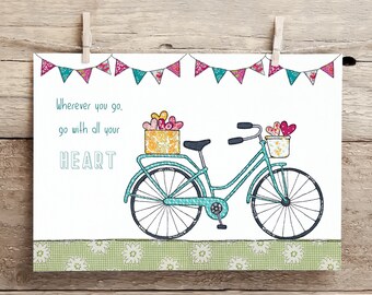 Go With Your Heart - postcard | Free motion embroidery | Print | Bike | happy | Pretty bike | Encouragement | Travel | support | friendship