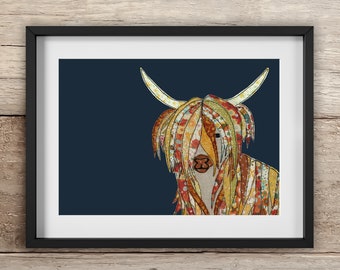 Highland cow/bull landscape Print | A4 , A3, 10x8" | Free motion embroidery | Print | Archival High Quality Print