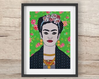 Frida Kahlo Print | A4 or A3 | Free motion embroidery | Print | Famous artist | Archival High Quality Print