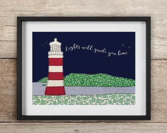 Lights Will Guide You Home Print | A4 or 10x8" | Free motion embroidery | Print | Lighthouse | Archival High Quality Print