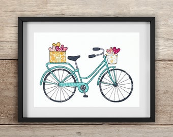 Pretty Bicycle Print | A4 or A3 | Free motion embroidery | Print | Bike | Archival High Quality Print