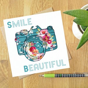 Smile Beautiful Blank greeting card Free motion embroidery print Motivation thinking of you support image 1