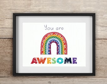You Are Awesome Rainbow Print | A4 , A3, 10x8" | Free motion embroidery | Print | Lighthouse | Archival High Quality Print