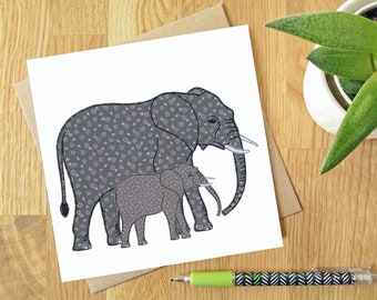 Elephants Never Forget- Blank greeting card | Free motion embroidery | Print | parents | mother and child |father and child