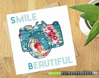 Smile Beautiful - Blank greeting card | Free motion embroidery | print | Motivation | thinking of you | support