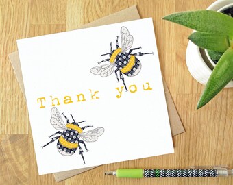 Bee Thankful - Blank greeting card | Free motion embroidery | print | bee | thank you |