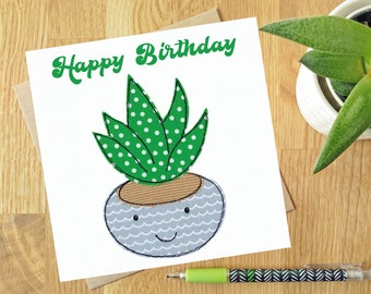 Little Birthday Plant - Blank greeting card | Free motion embroidery | print | Fun card | Crazy plant lady