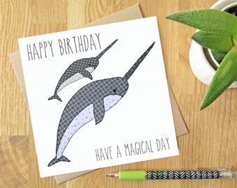 Have a Magical Day - Blank greeting card | Free motion embroidery | Print | narwhal | parents | mother and child |father and child