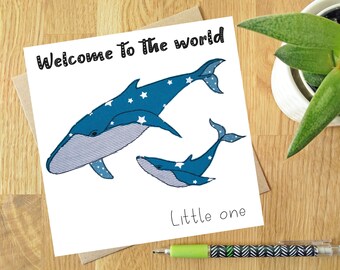 Night Swimming - Blank greeting card | Free motion embroidery | Print | whales | New Baby | mothers day | adoption